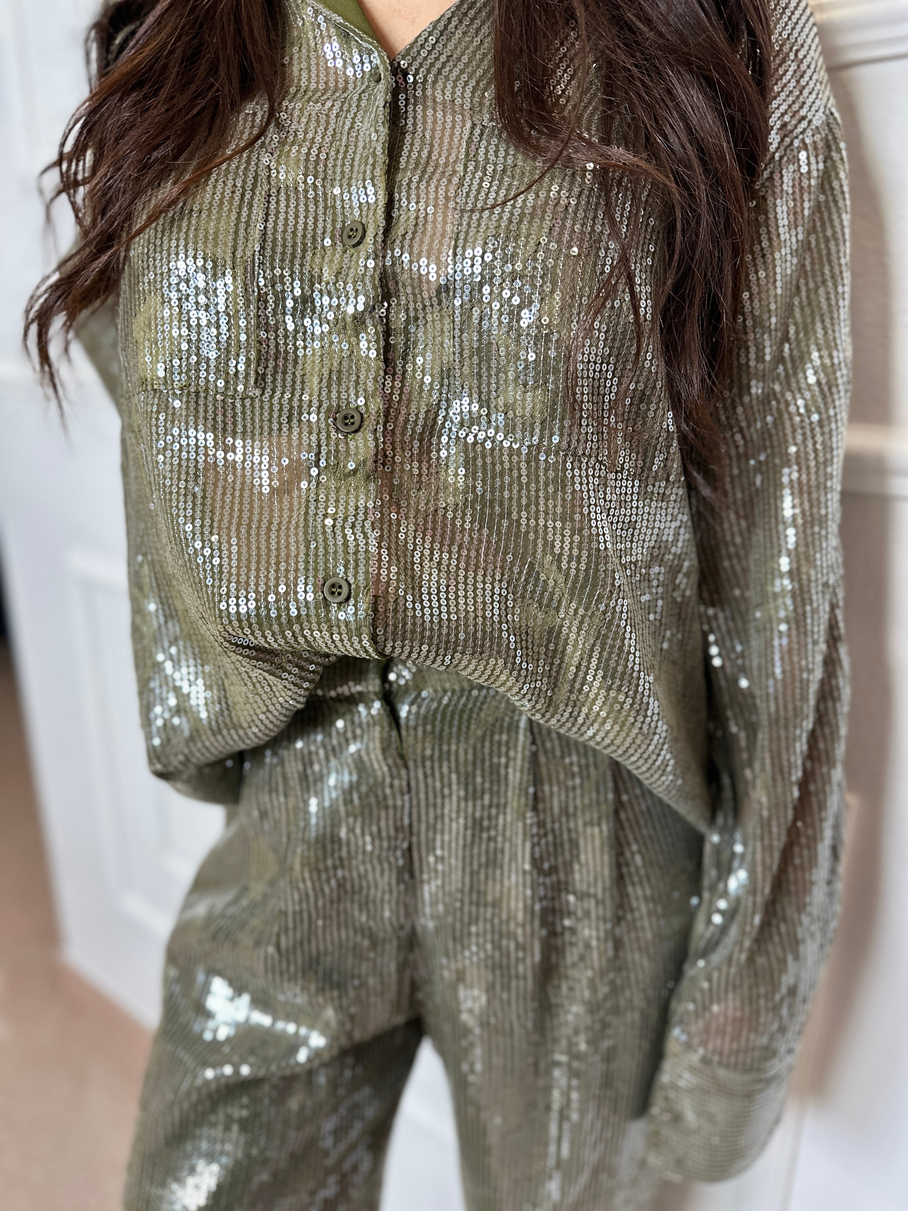Completo.coordinato.verde.militare.paillettes.collezione.crboutique